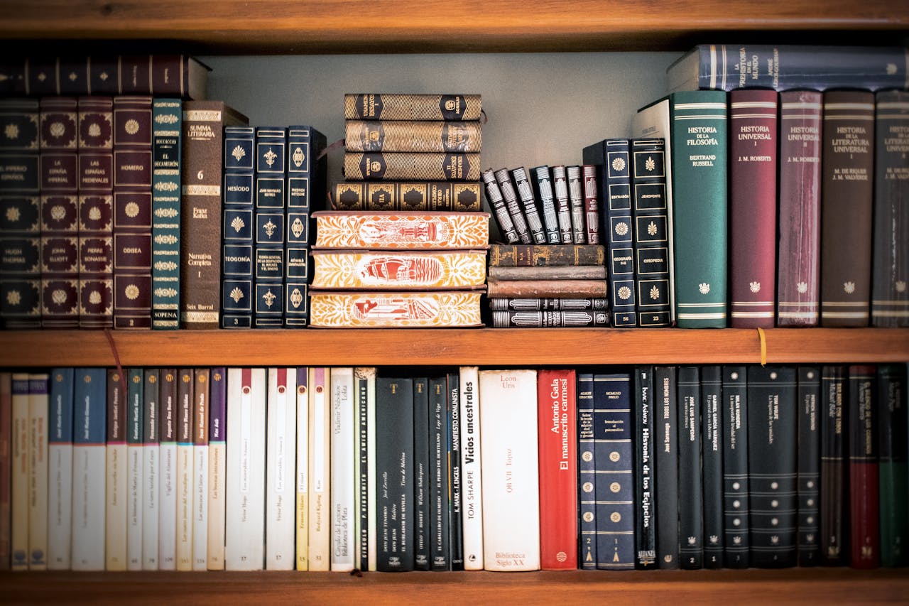 classes-02 A detailed view of a bookshelf with vintage and classic books arranged neatly, offering a historic ambiance.